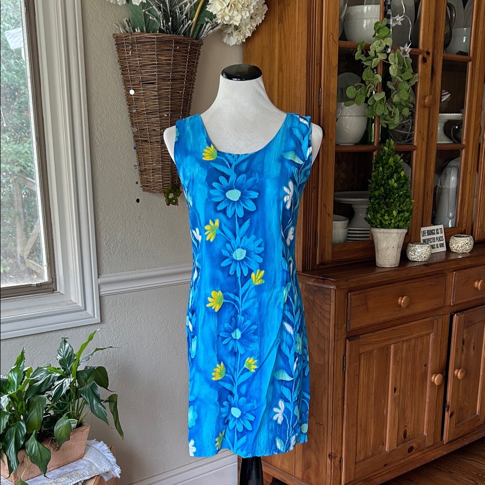 Vintage Jams World Tropical Blue Floral Sleeveless Sheath Dress Size Medium